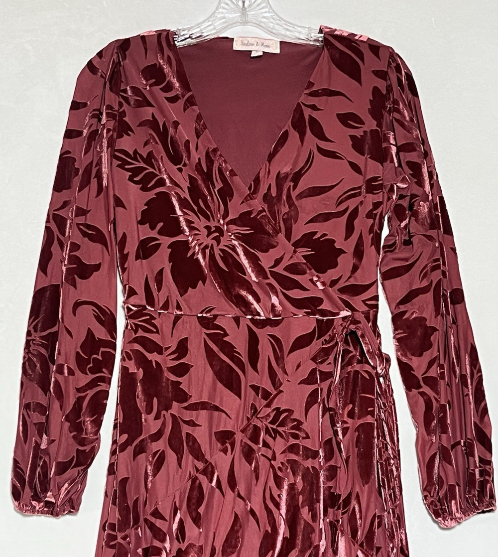 Harlow & Rose Velvet Floral Burnout Midi Wrap Dress Small Mauve Floral High Low